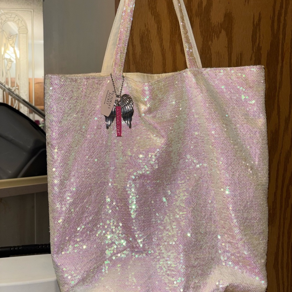 PINK Victoria's Secret Iridescent Pink Sequin Tote with Charm